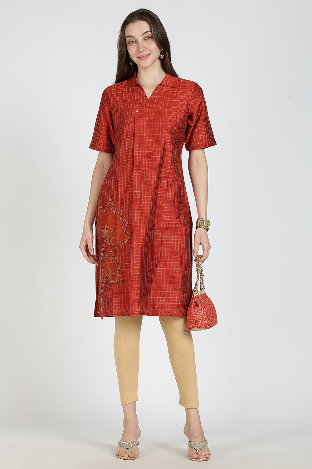 Mythri Women Cotton Blend A-Line Kurti – V Neck Paisley Printed Kurthi with Ladder Lace Inserts | Woven Occasional & Festive Wear Kurta - K112