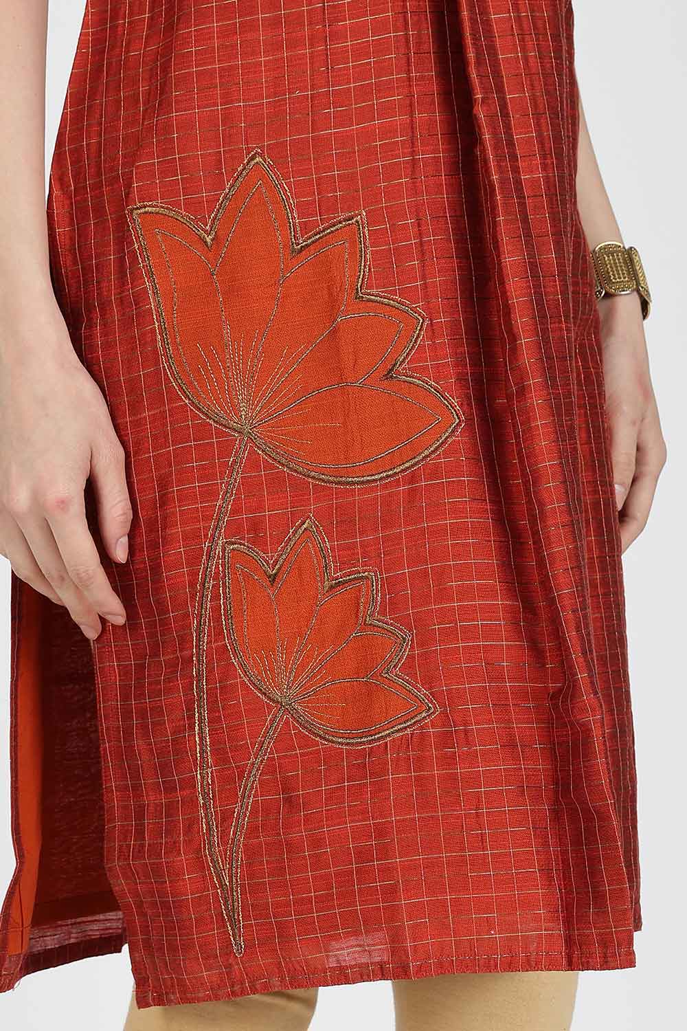 Mythri Women Cotton Blend A-Line Kurti – V Neck Paisley Printed Kurthi with Ladder Lace Inserts | Woven Occasional & Festive Wear Kurta - K112