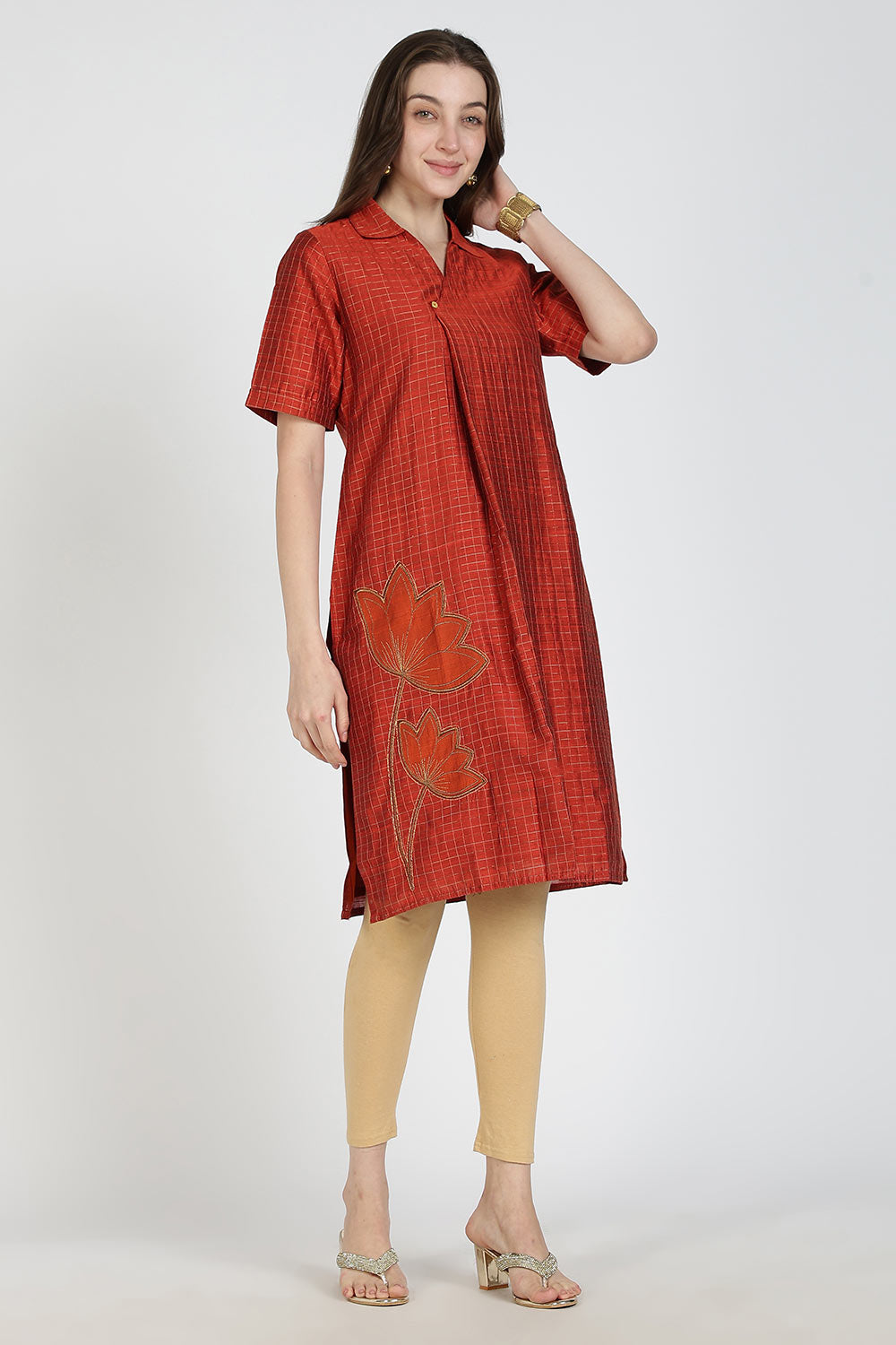 Mythri Women Cotton Blend A-Line Kurti – V Neck Paisley Printed Kurthi with Ladder Lace Inserts | Woven Occasional & Festive Wear Kurta - K112
