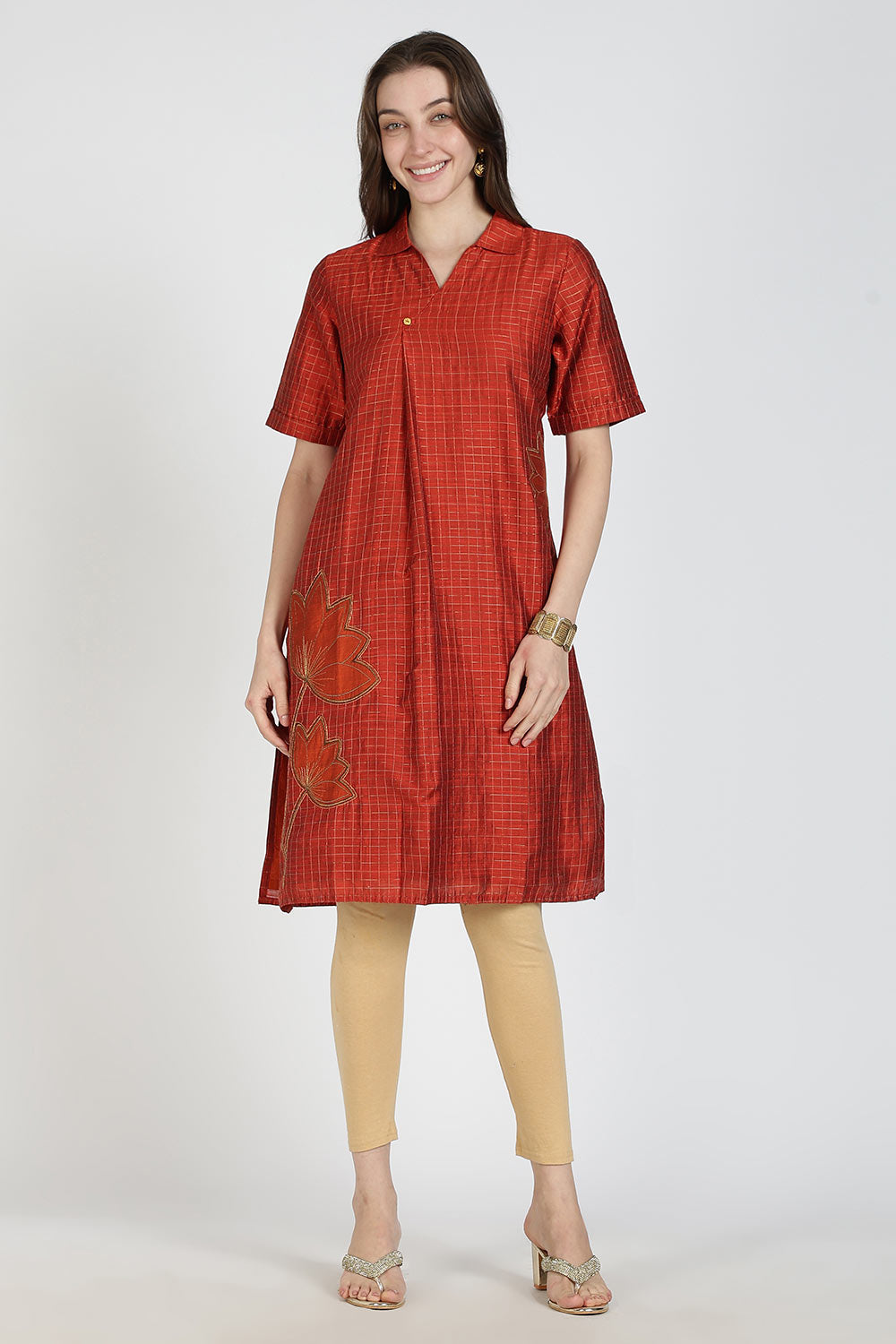 Mythri Women Cotton Blend A-Line Kurti – V Neck Paisley Printed Kurthi with Ladder Lace Inserts | Woven Occasional & Festive Wear Kurta - K112