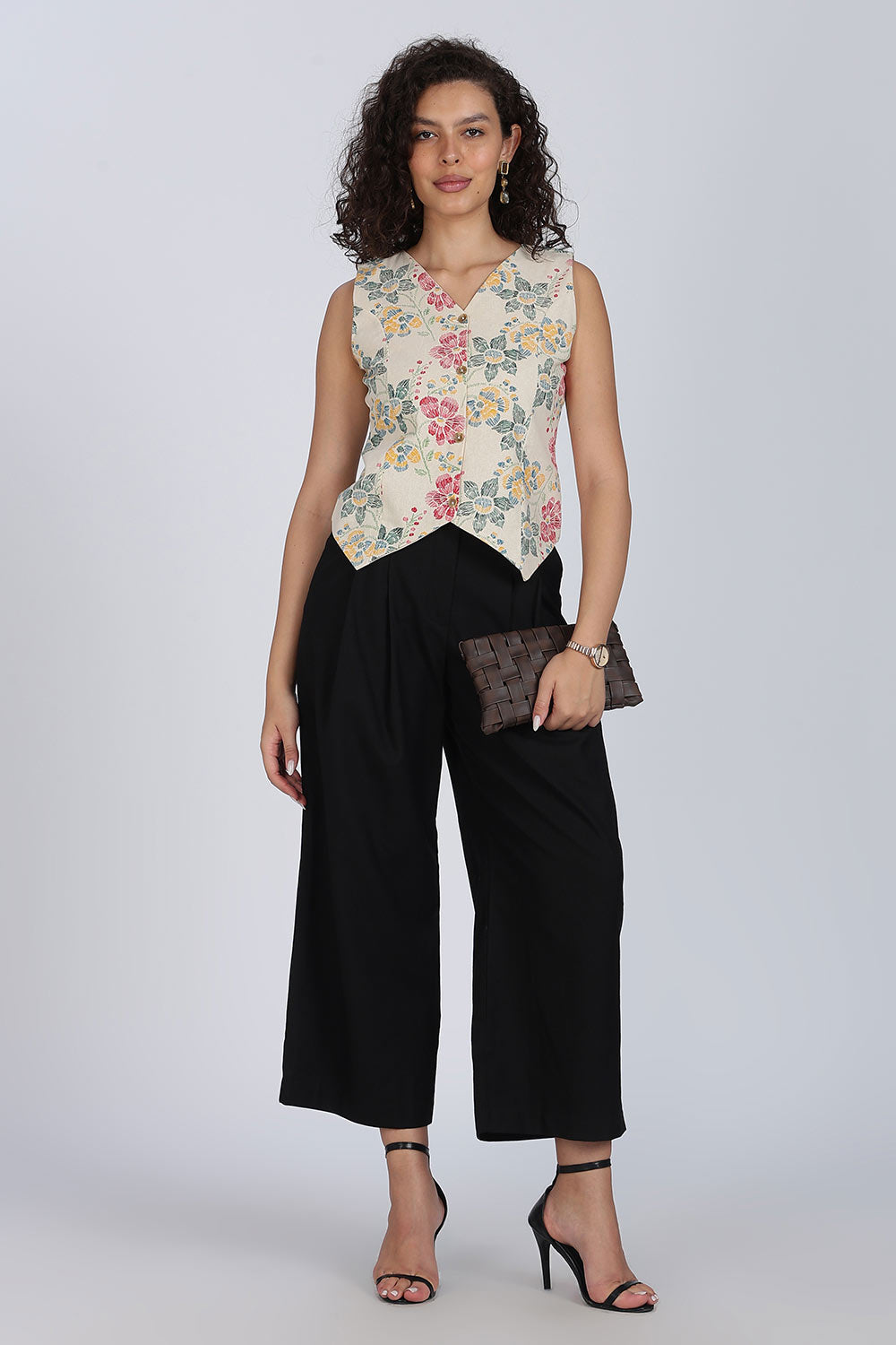 Mythri Women Cotton Blend Floral Waistcoat Top – Sleeveless V-Neck Front Button Casual Waist Coat with Adjustable Back Strap | Regular Fit Woven Top - TO42