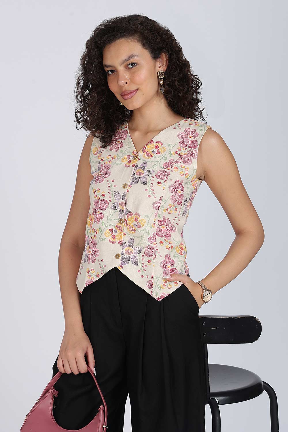Mythri Women Cotton Blend Floral Waistcoat Top – Sleeveless V-Neck Front Button Casual Waist Coat with Adjustable Back Strap | Regular Fit Woven Top - TO42