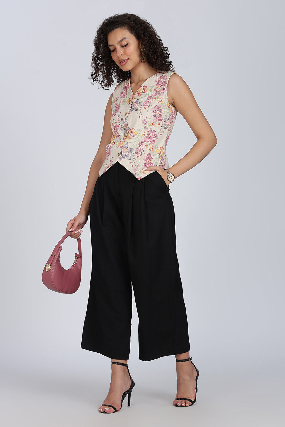 Mythri Women Cotton Blend Floral Waistcoat Top – Sleeveless V-Neck Front Button Casual Waist Coat with Adjustable Back Strap | Regular Fit Woven Top - TO42