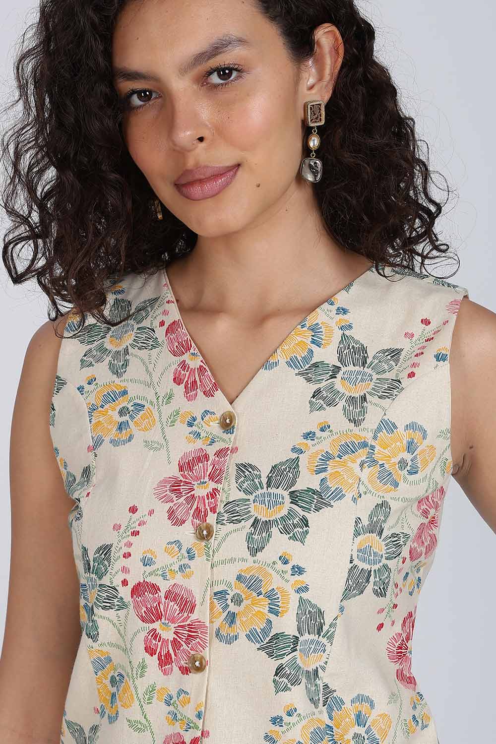 Mythri Women Cotton Blend Floral Waistcoat Top – Sleeveless V-Neck Front Button Casual Waist Coat with Adjustable Back Strap | Regular Fit Woven Top - TO42