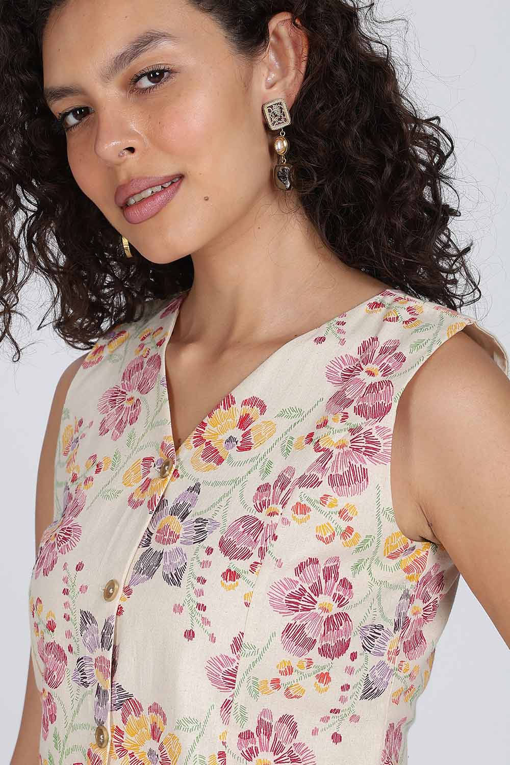 Mythri Women Cotton Blend Floral Waistcoat Top – Sleeveless V-Neck Front Button Casual Waist Coat with Adjustable Back Strap | Regular Fit Woven Top - TO42