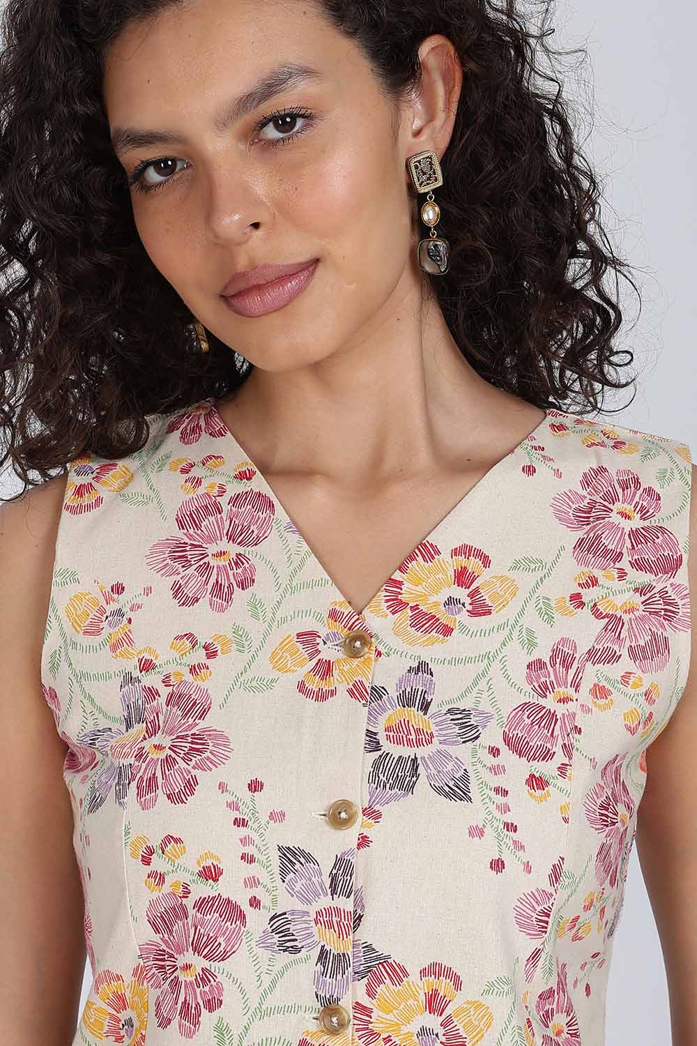 Mythri Women Cotton Blend Floral Waistcoat Top – Sleeveless V-Neck Front Button Casual Waist Coat with Adjustable Back Strap | Regular Fit Woven Top - TO42