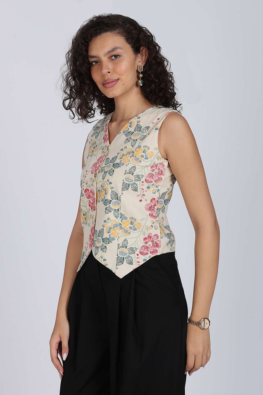 Mythri Women Cotton Blend Floral Waistcoat Top – Sleeveless V-Neck Front Button Casual Waist Coat with Adjustable Back Strap | Regular Fit Woven Top - TO42