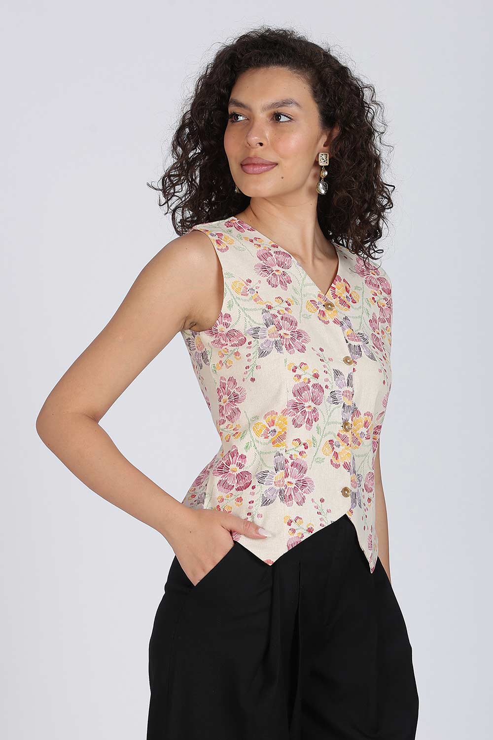 Mythri Women Cotton Blend Floral Waistcoat Top – Sleeveless V-Neck Front Button Casual Waist Coat with Adjustable Back Strap | Regular Fit Woven Top - TO42