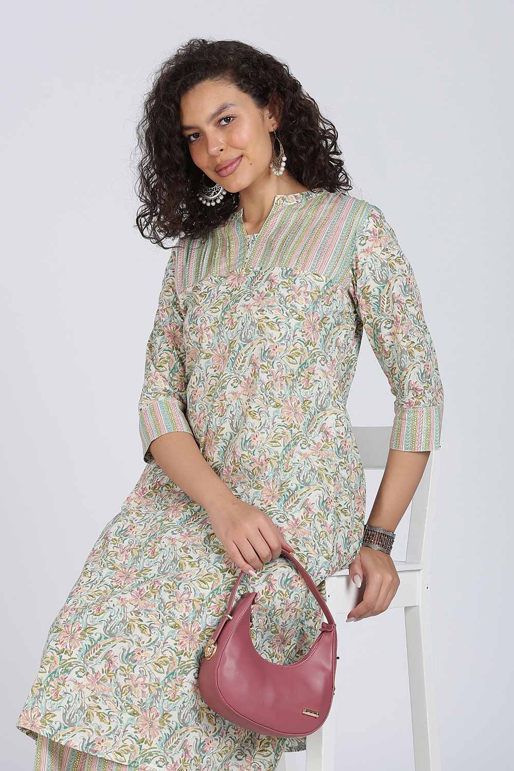 Mythri Women Cotton Floral Printed Kurti Set – Mandarin Collar Split V-Neck A-Line Kurta with Straight Pants | Everyday Wear Ethnic Co-ord Set - KS02