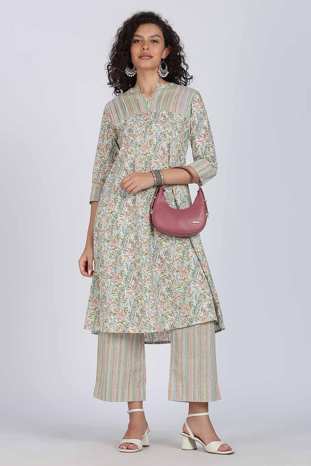 Mythri Women Cotton Floral Printed Kurti Set – Mandarin Collar Split V-Neck A-Line Kurta with Straight Pants | Everyday Wear Ethnic Co-ord Set - KS02