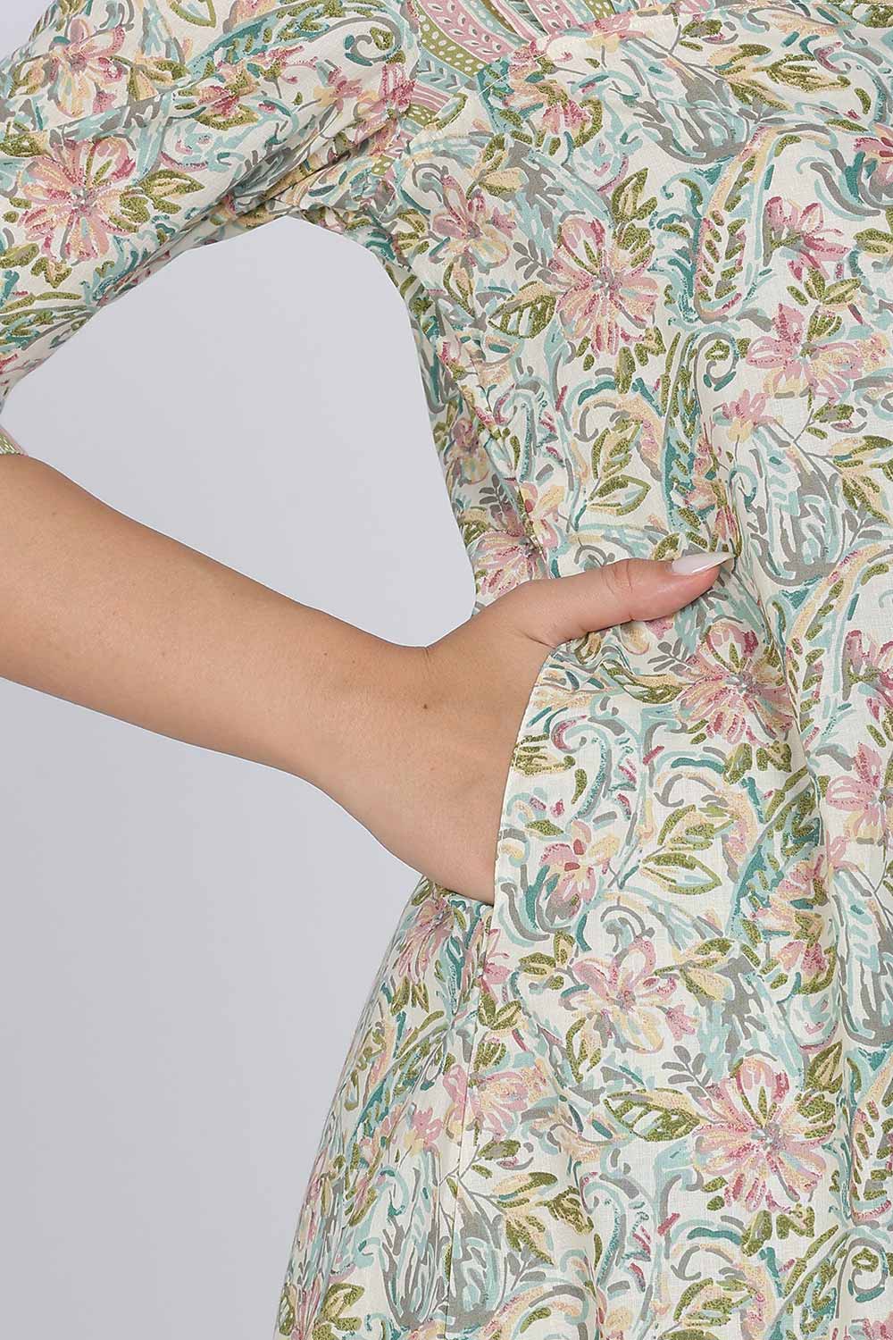 Mythri Women Cotton Floral Printed Kurti Set – Mandarin Collar Split V-Neck A-Line Kurta with Straight Pants | Everyday Wear Ethnic Co-ord Set - KS02