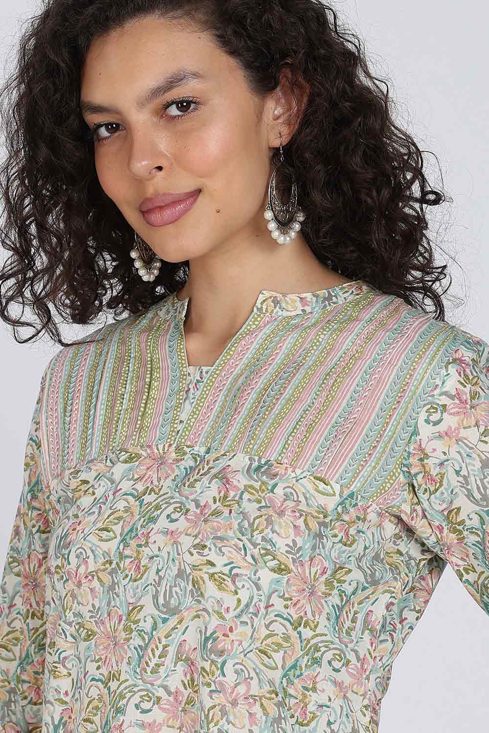 Mythri Women Cotton Floral Printed Kurti Set – Mandarin Collar Split V-Neck A-Line Kurta with Straight Pants | Everyday Wear Ethnic Co-ord Set - KS02