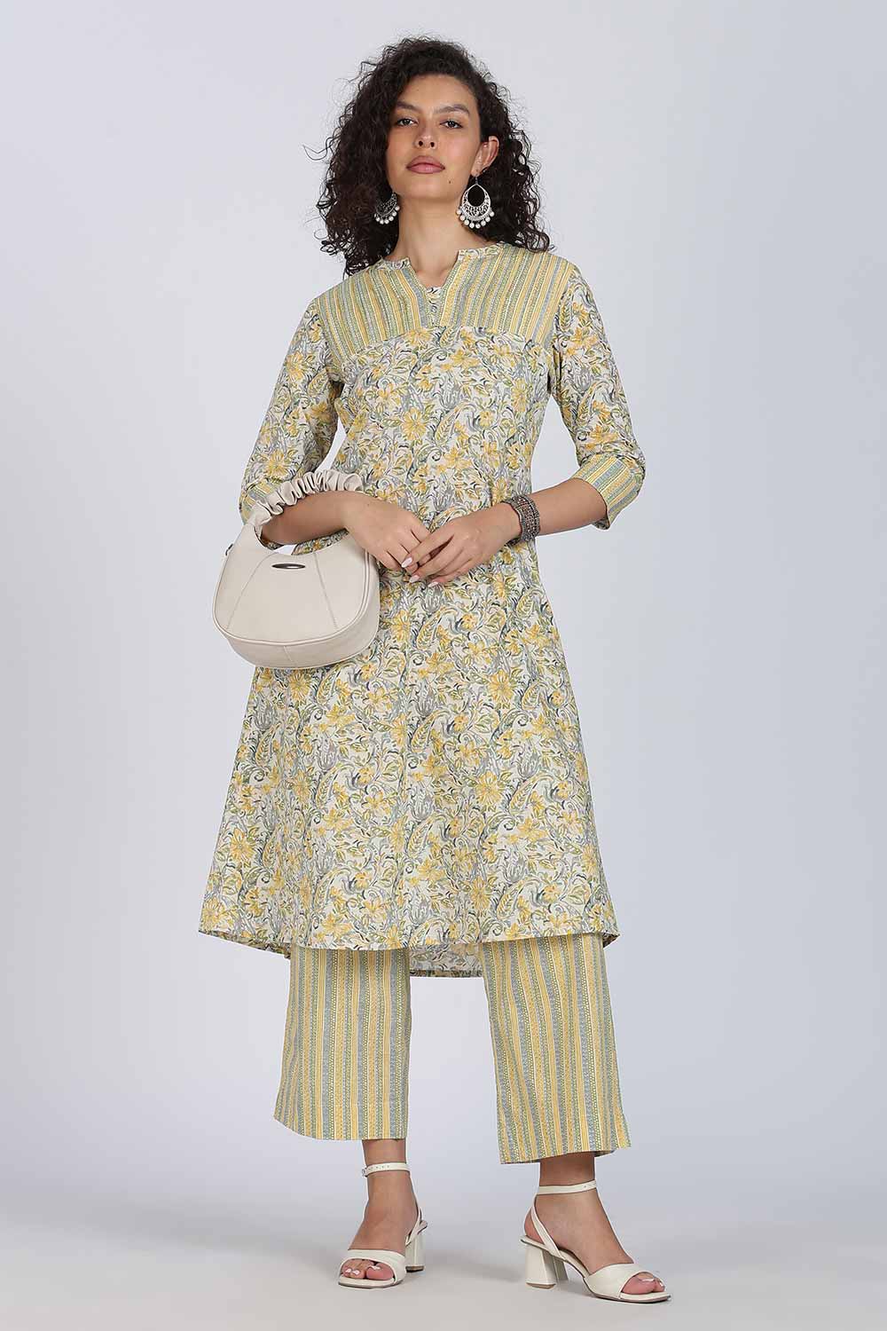 Mythri Women Cotton Floral Printed Kurti Set – Mandarin Collar Split V-Neck A-Line Kurta with Straight Pants | Everyday Wear Ethnic Co-ord Set - KS02