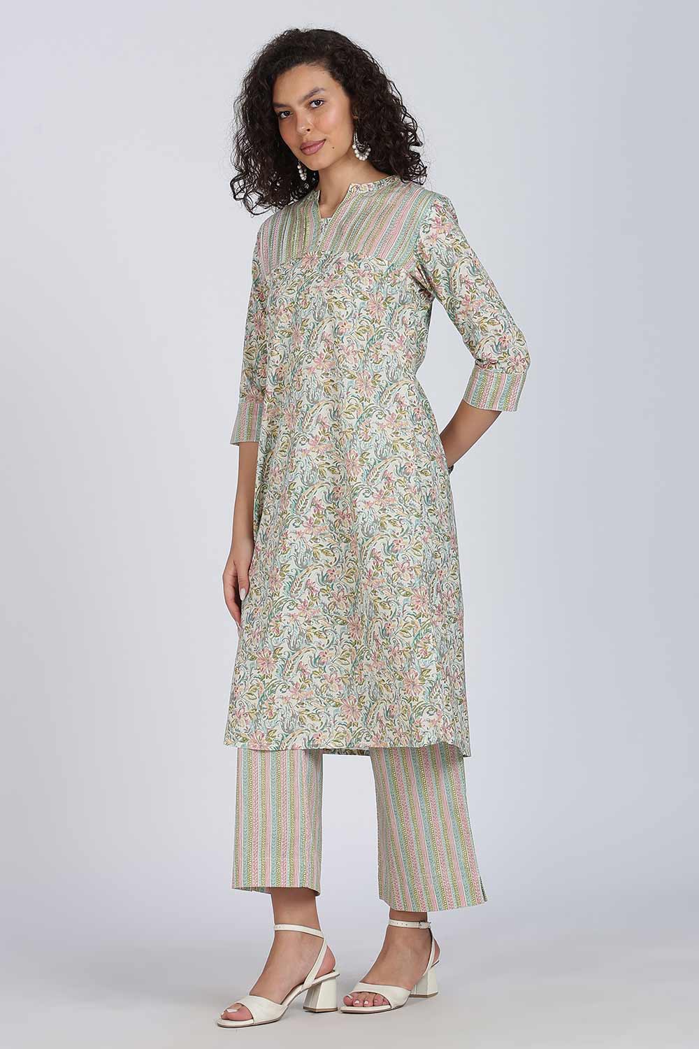 Mythri Women Cotton Floral Printed Kurti Set – Mandarin Collar Split V-Neck A-Line Kurta with Straight Pants | Everyday Wear Ethnic Co-ord Set - KS02