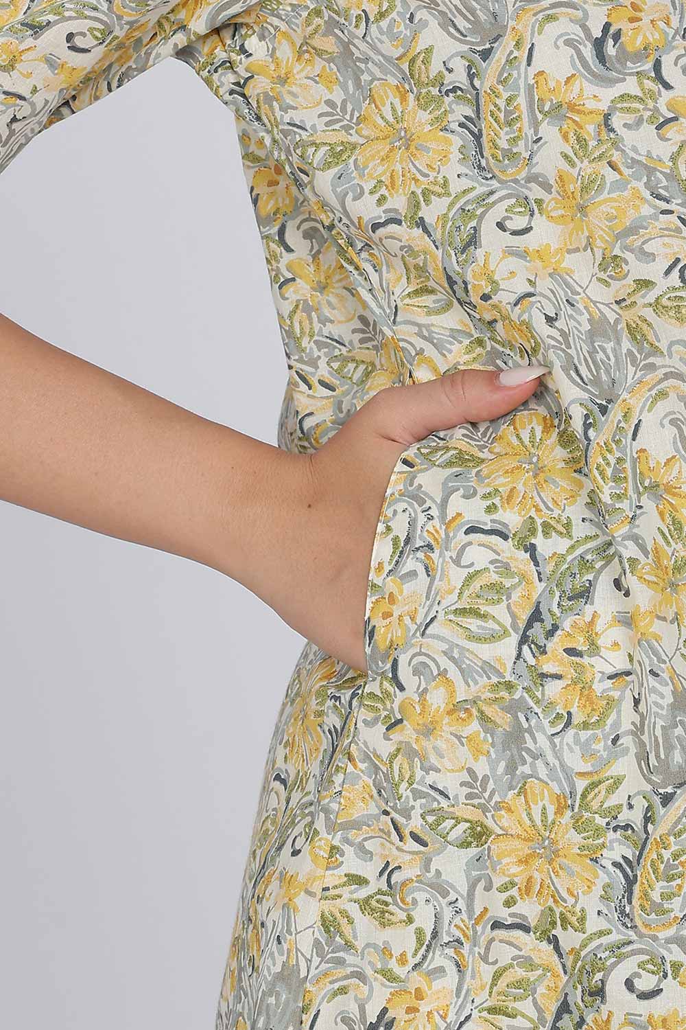 Mythri Women Cotton Floral Printed Kurti Set – Mandarin Collar Split V-Neck A-Line Kurta with Straight Pants | Everyday Wear Ethnic Co-ord Set - KS02