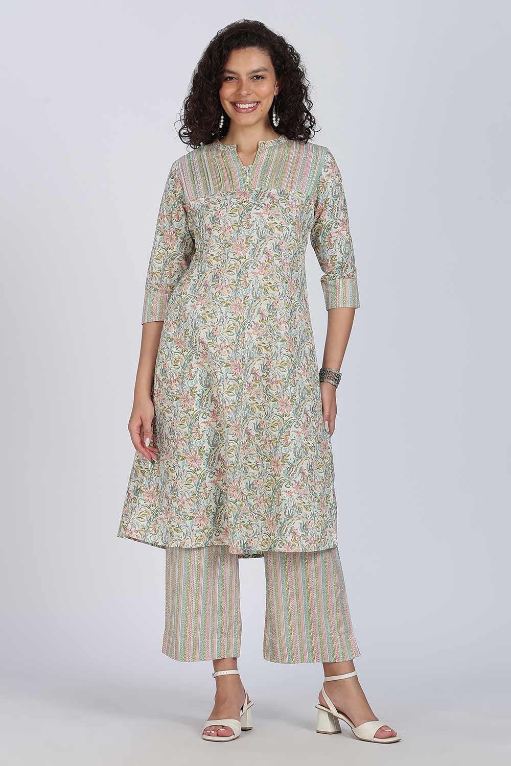 Mythri Women Cotton Floral Printed Kurti Set – Mandarin Collar Split V-Neck A-Line Kurta with Straight Pants | Everyday Wear Ethnic Co-ord Set - KS02