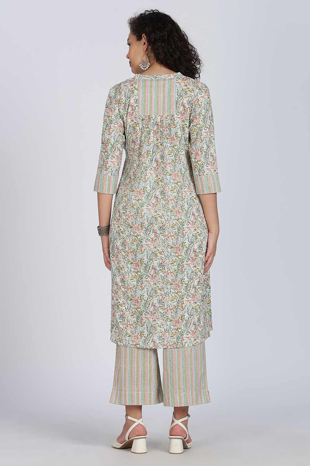 Mythri Women Cotton Floral Printed Kurti Set – Mandarin Collar Split V-Neck A-Line Kurta with Straight Pants | Everyday Wear Ethnic Co-ord Set - KS02