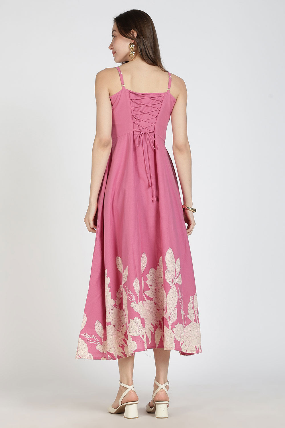 Mythri Women Cotton Strap Dress with Placement Print – Back Criss Cross Tie-Up | Regular Fit Woven Summer Dress | Casual & Occasional Wear - DR11