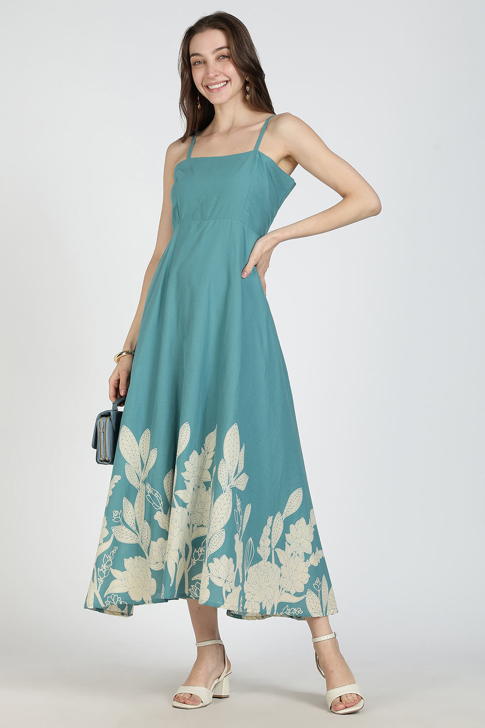 Mythri Women Cotton Strap Dress with Placement Print – Back Criss Cross Tie-Up | Regular Fit Woven Summer Dress | Casual & Occasional Wear - DR11