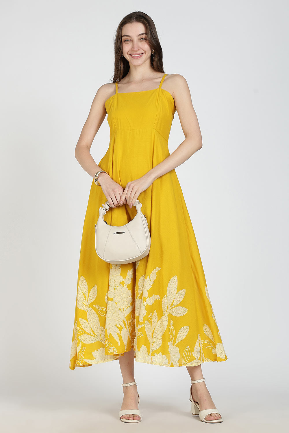 Mythri Women Cotton Strap Dress with Placement Print – Back Criss Cross Tie-Up | Regular Fit Woven Summer Dress | Casual & Occasional Wear - DR11