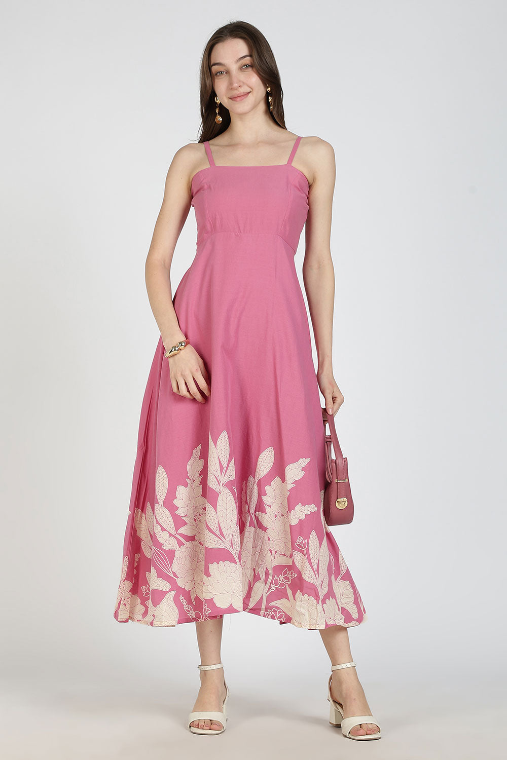 Mythri Women Cotton Strap Dress with Placement Print – Back Criss Cross Tie-Up | Regular Fit Woven Summer Dress | Casual & Occasional Wear - DR11