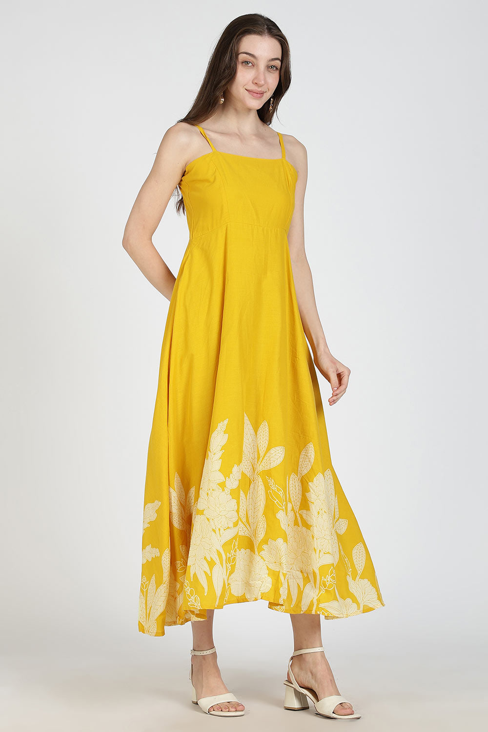 Mythri Women Cotton Strap Dress with Placement Print – Back Criss Cross Tie-Up | Regular Fit Woven Summer Dress | Casual & Occasional Wear - DR11