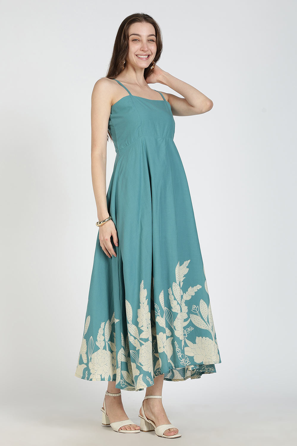 Mythri Women Cotton Strap Dress with Placement Print – Back Criss Cross Tie-Up | Regular Fit Woven Summer Dress | Casual & Occasional Wear - DR11