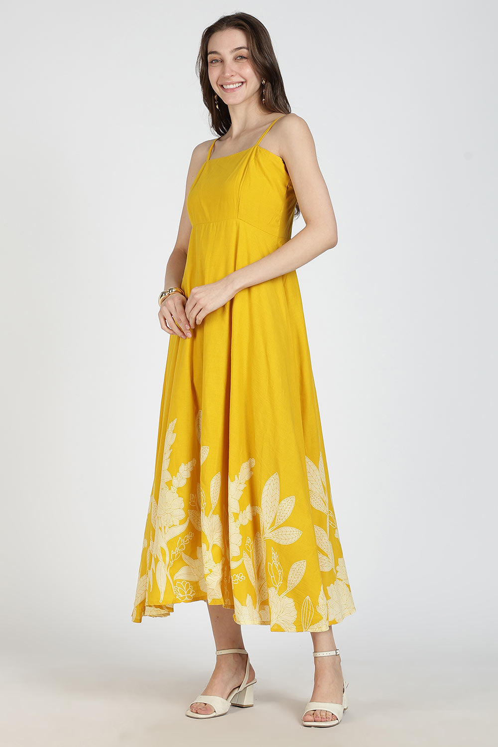 Mythri Women Cotton Strap Dress with Placement Print – Back Criss Cross Tie-Up | Regular Fit Woven Summer Dress | Casual & Occasional Wear - DR11