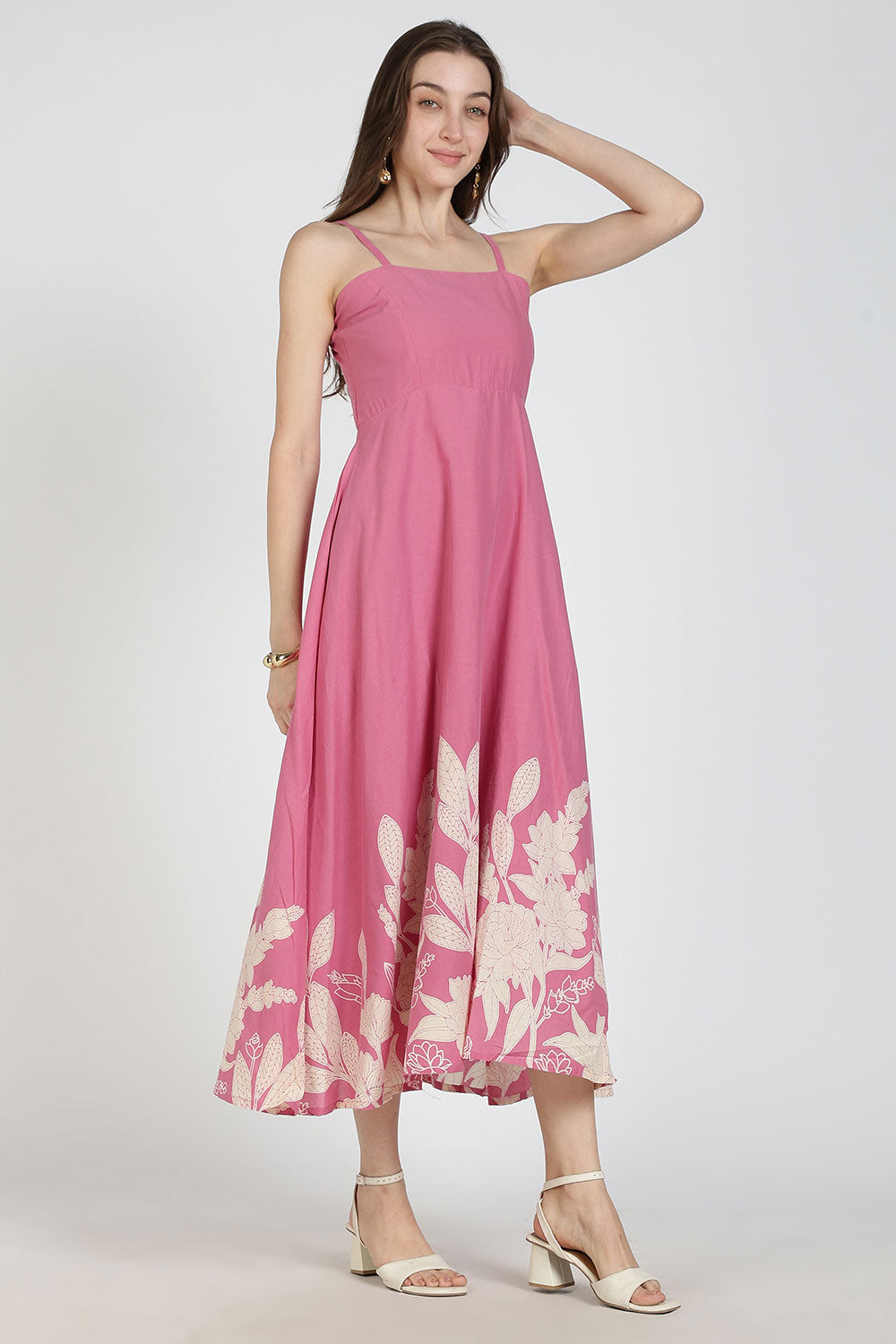 Mythri Women Cotton Strap Dress with Placement Print – Back Criss Cross Tie-Up | Regular Fit Woven Summer Dress | Casual & Occasional Wear - DR11