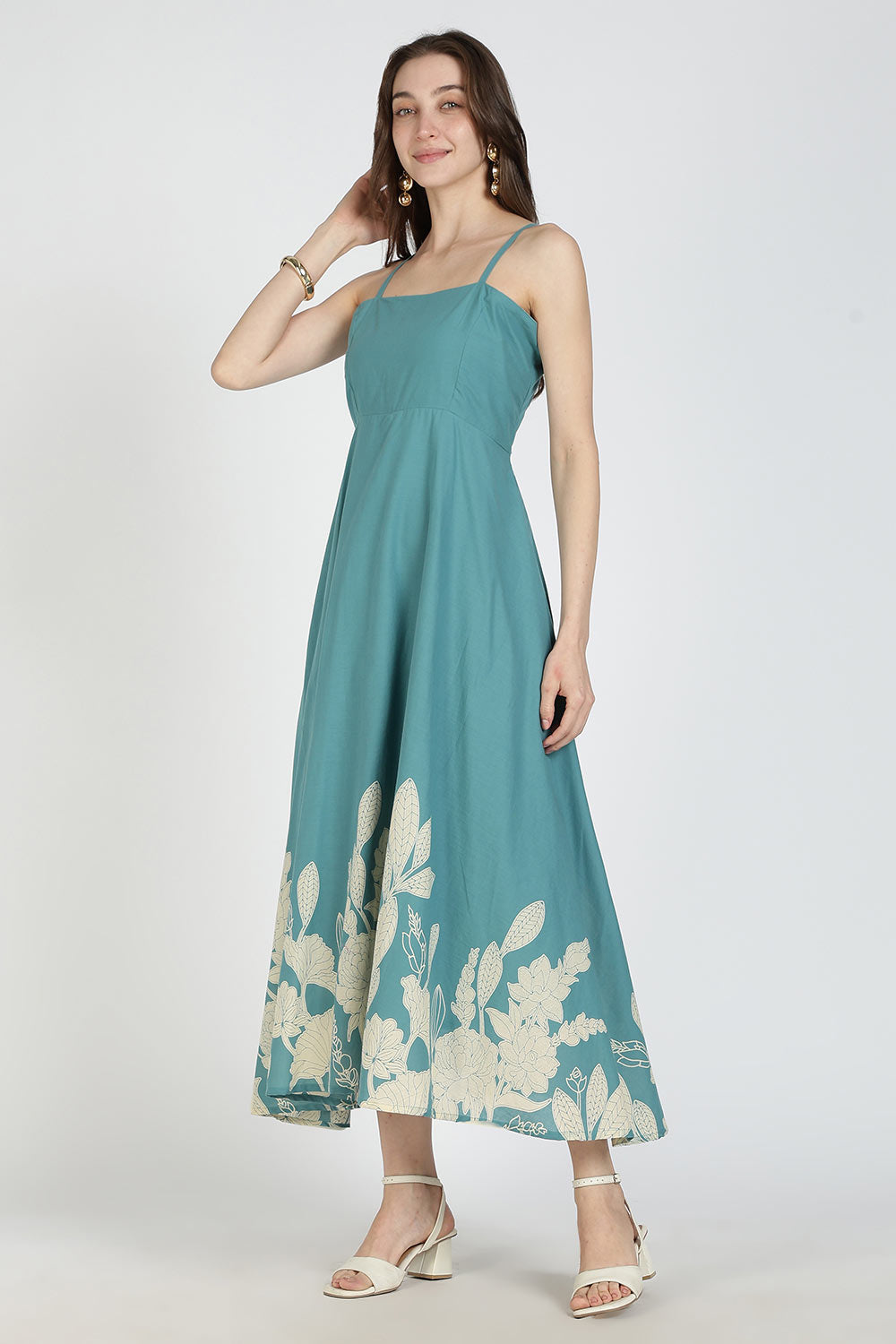 Mythri Women Cotton Strap Dress with Placement Print – Back Criss Cross Tie-Up | Regular Fit Woven Summer Dress | Casual & Occasional Wear - DR11