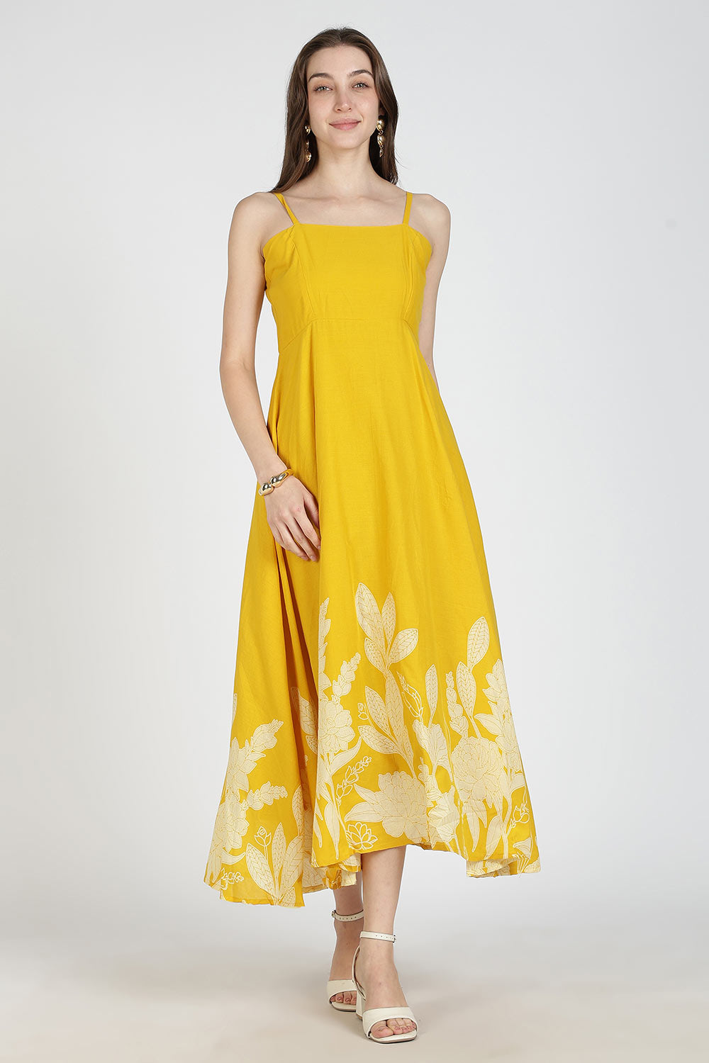 Mythri Women Cotton Strap Dress with Placement Print – Back Criss Cross Tie-Up | Regular Fit Woven Summer Dress | Casual & Occasional Wear - DR11