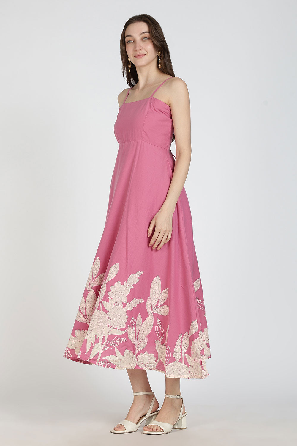 Mythri Women Cotton Strap Dress with Placement Print – Back Criss Cross Tie-Up | Regular Fit Woven Summer Dress | Casual & Occasional Wear - DR11