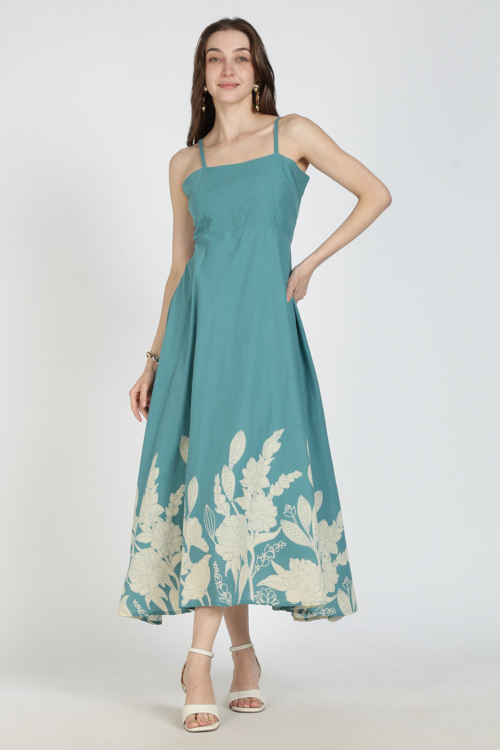 Mythri Women Cotton Strap Dress with Placement Print – Back Criss Cross Tie-Up | Regular Fit Woven Summer Dress | Casual & Occasional Wear - DR11