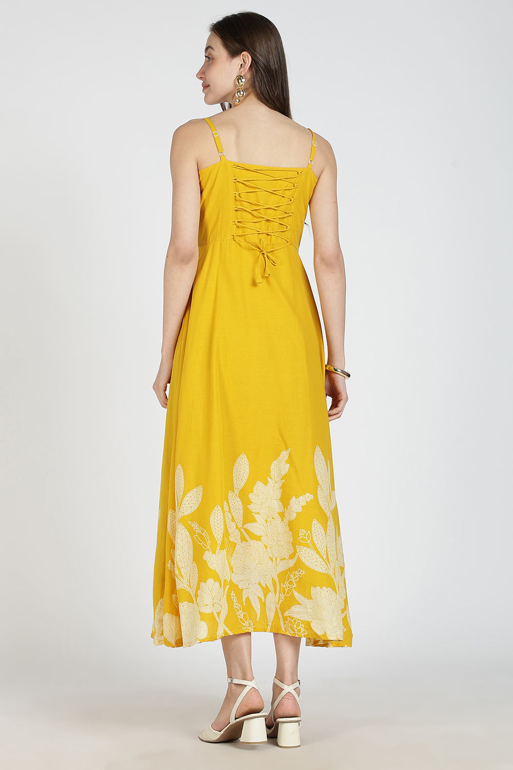 Mythri Women Cotton Strap Dress with Placement Print – Back Criss Cross Tie-Up | Regular Fit Woven Summer Dress | Casual & Occasional Wear - DR11