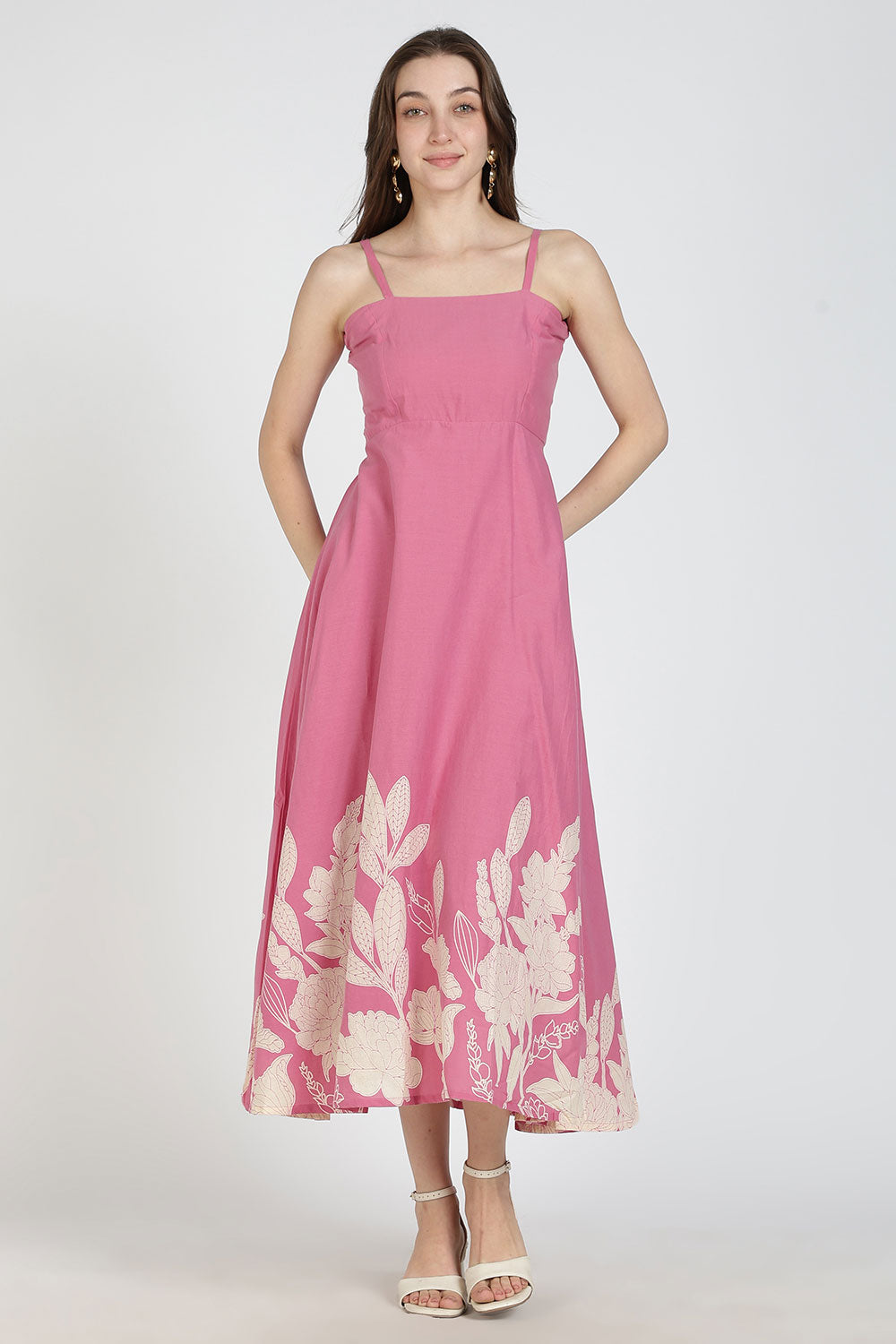 Mythri Women Cotton Strap Dress with Placement Print – Back Criss Cross Tie-Up | Regular Fit Woven Summer Dress | Casual & Occasional Wear - DR11