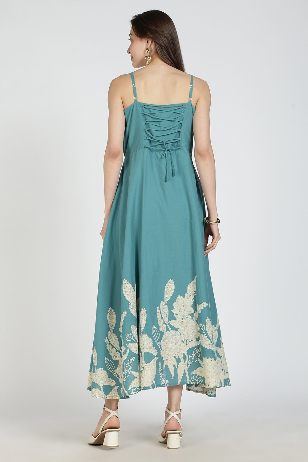 Mythri Women Cotton Strap Dress with Placement Print – Back Criss Cross Tie-Up | Regular Fit Woven Summer Dress | Casual & Occasional Wear - DR11