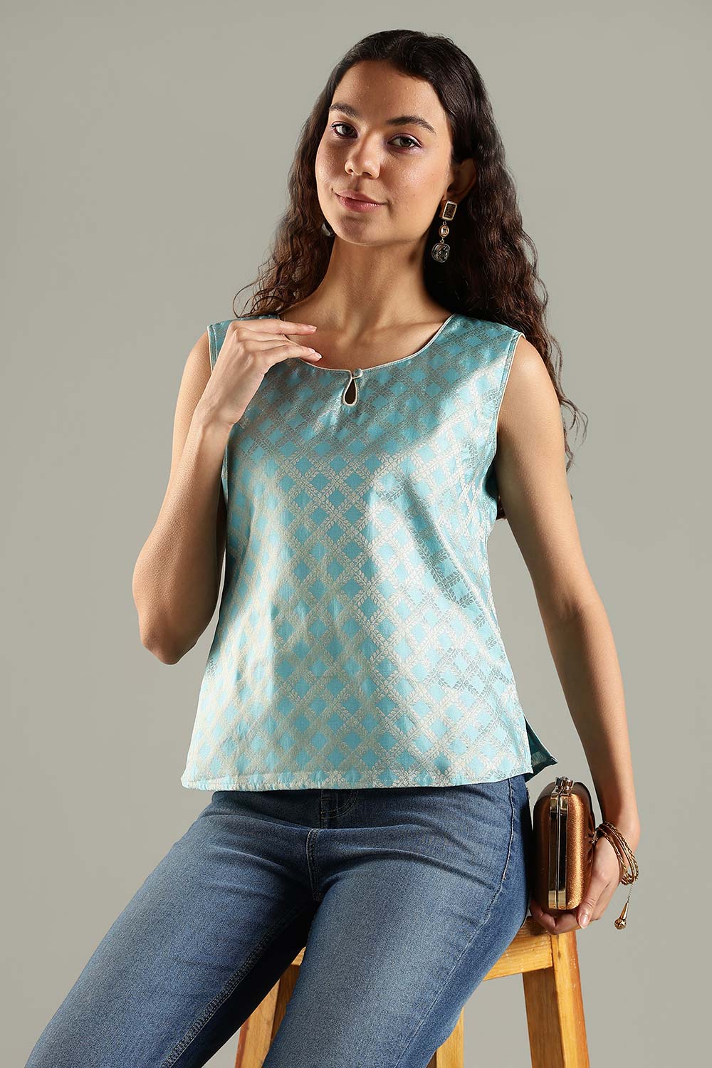 Mythri Women’s Brocade Sleeveless Top – Split Neckline with Golden Piping - Blue - TO25