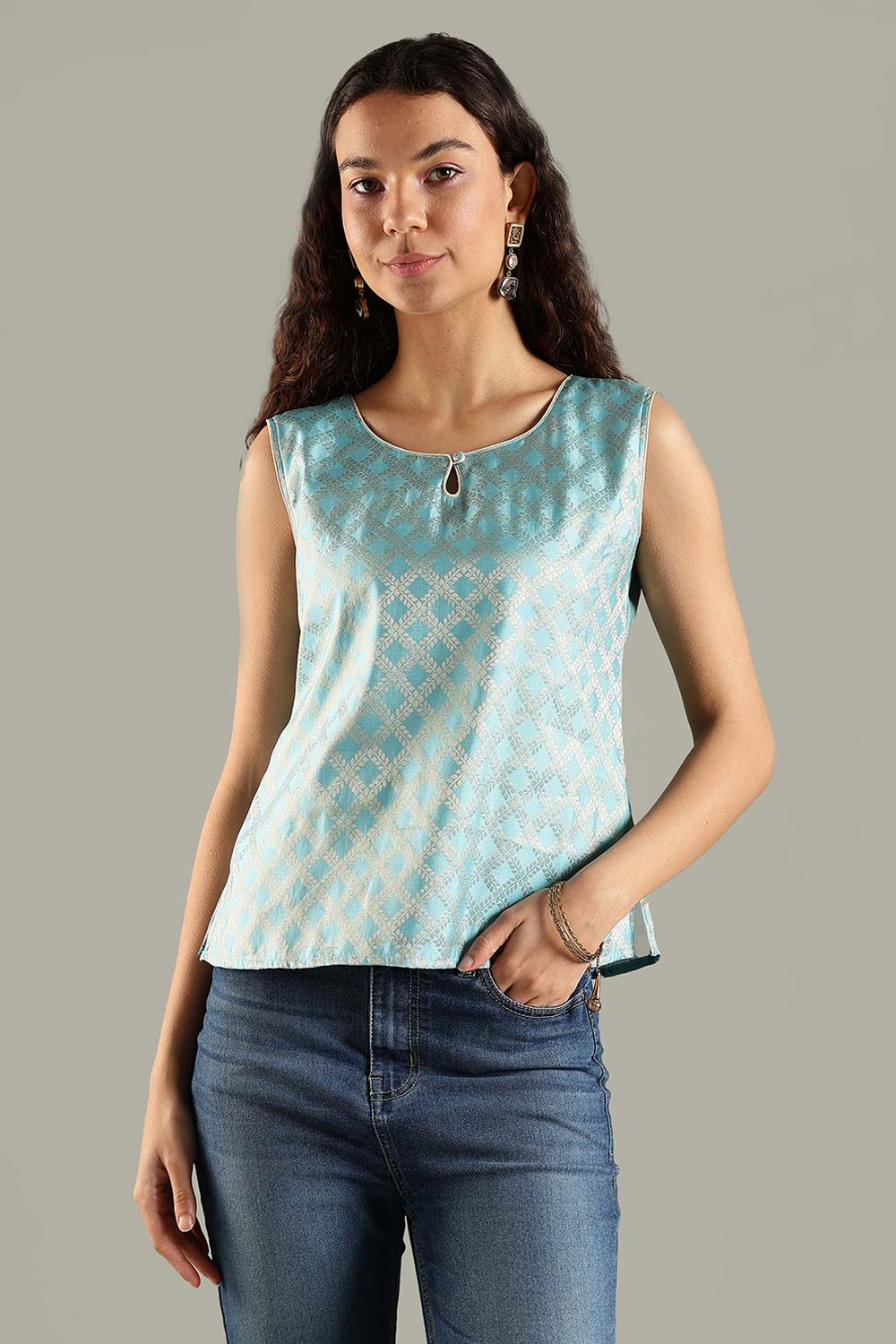 Mythri Women’s Brocade Sleeveless Top – Split Neckline with Golden Piping - Blue - TO25