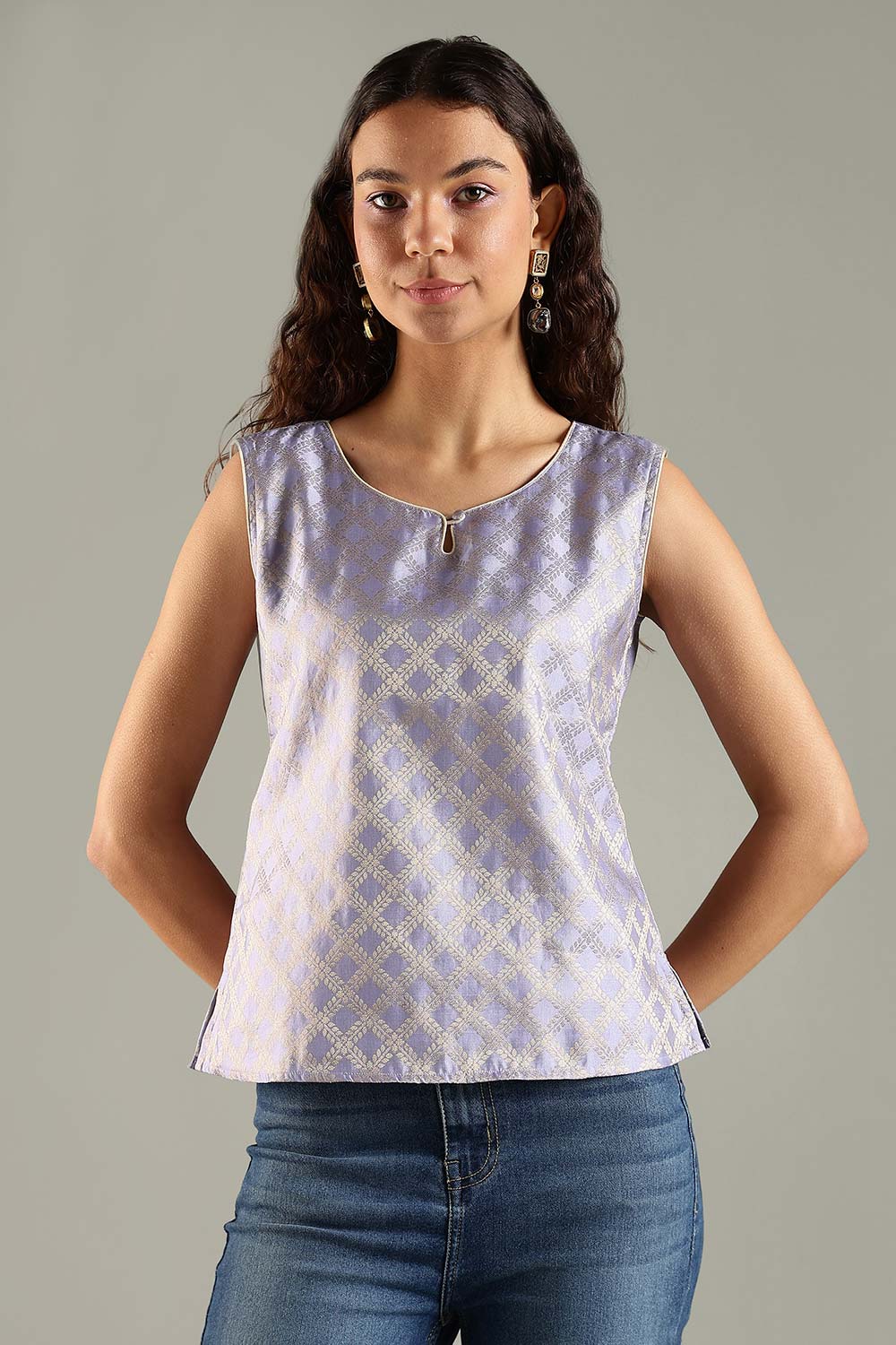 Mythri Women’s Brocade Sleeveless Top – Split Neckline with Golden Piping - Lavender - TO25