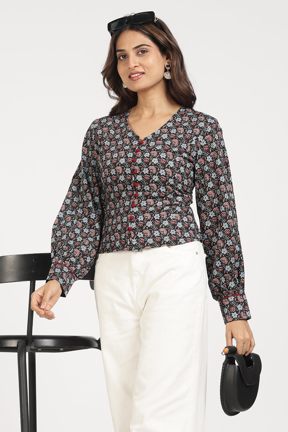 Mythri Women’s Corsetted Back Cotton Top | Floral Print Crop Top with Bishop Sleeves & Lace-Up Back - TO45