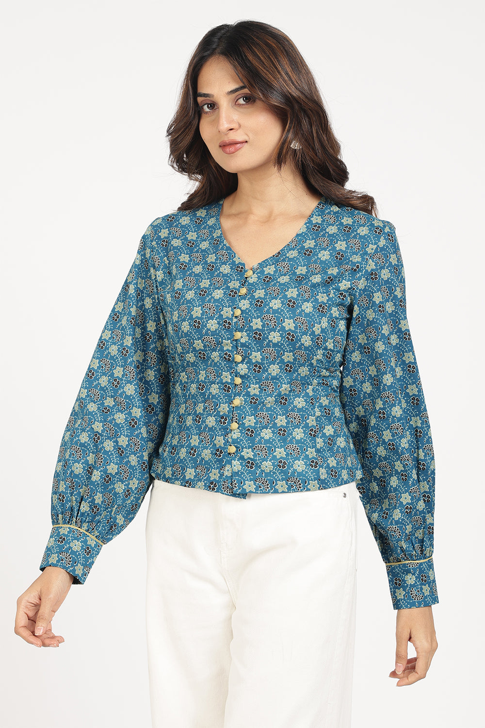 Mythri Women’s Corsetted Back Cotton Top | Floral Print Crop Top with Bishop Sleeves & Lace-Up Back - TO45