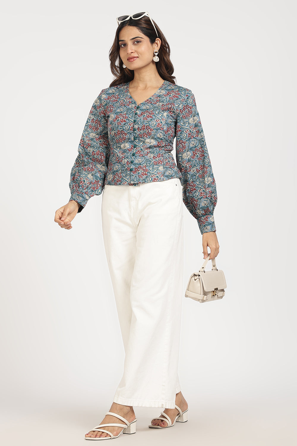 Mythri Women’s Corsetted Back Cotton Top | Floral Print Crop Top with Bishop Sleeves & Lace-Up Back - TO45