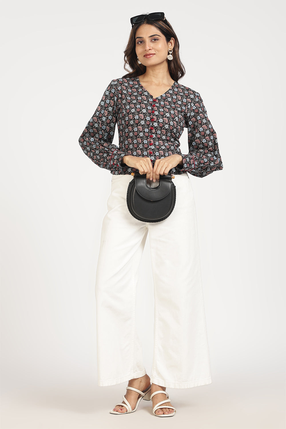 Mythri Women’s Corsetted Back Cotton Top | Floral Print Crop Top with Bishop Sleeves & Lace-Up Back - TO45