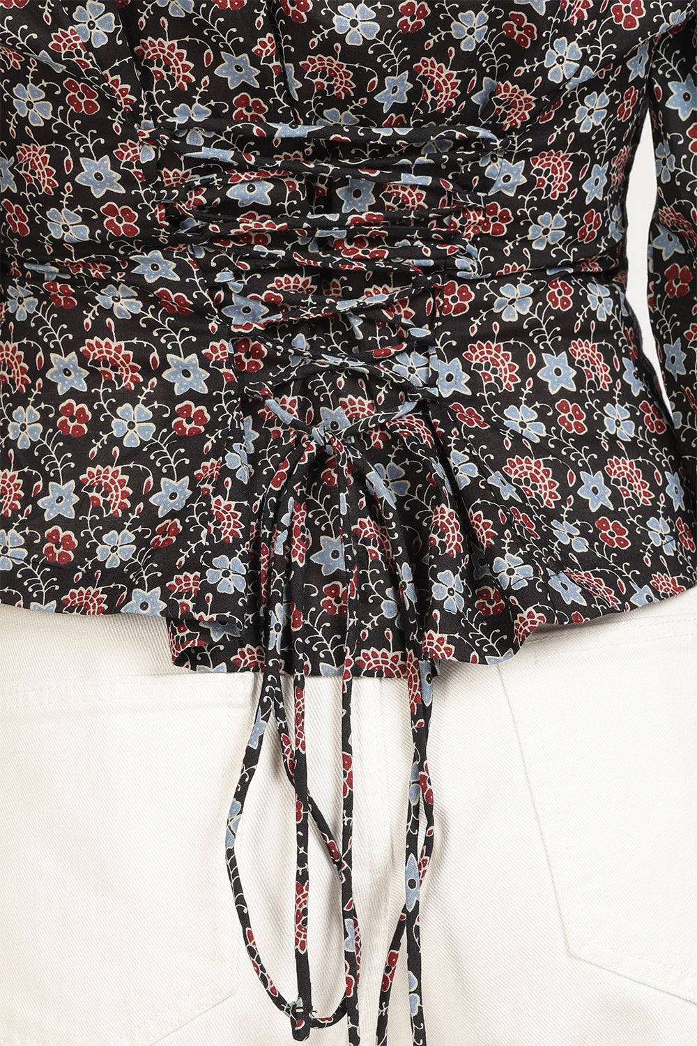 Mythri Women’s Corsetted Back Cotton Top | Floral Print Crop Top with Bishop Sleeves & Lace-Up Back - TO45