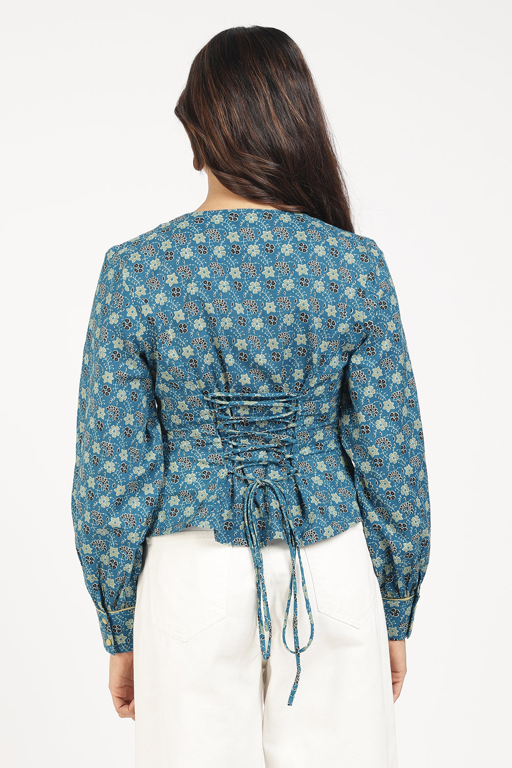 Mythri Women’s Corsetted Back Cotton Top | Floral Print Crop Top with Bishop Sleeves & Lace-Up Back - TO45