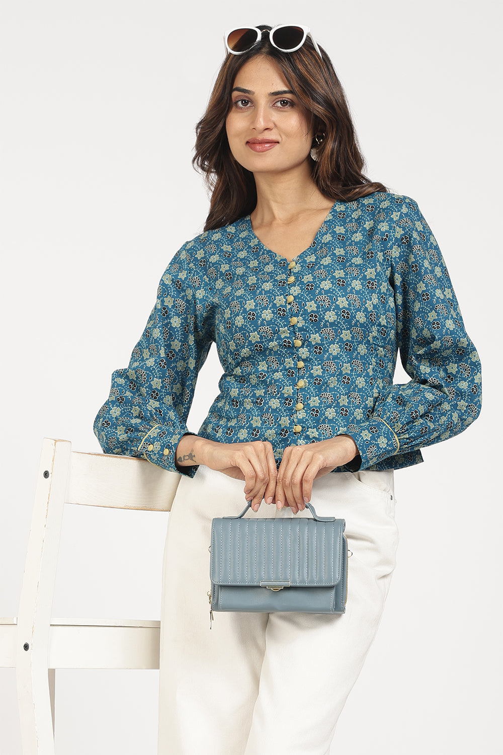 Mythri Women’s Corsetted Back Cotton Top | Floral Print Crop Top with Bishop Sleeves & Lace-Up Back - TO45