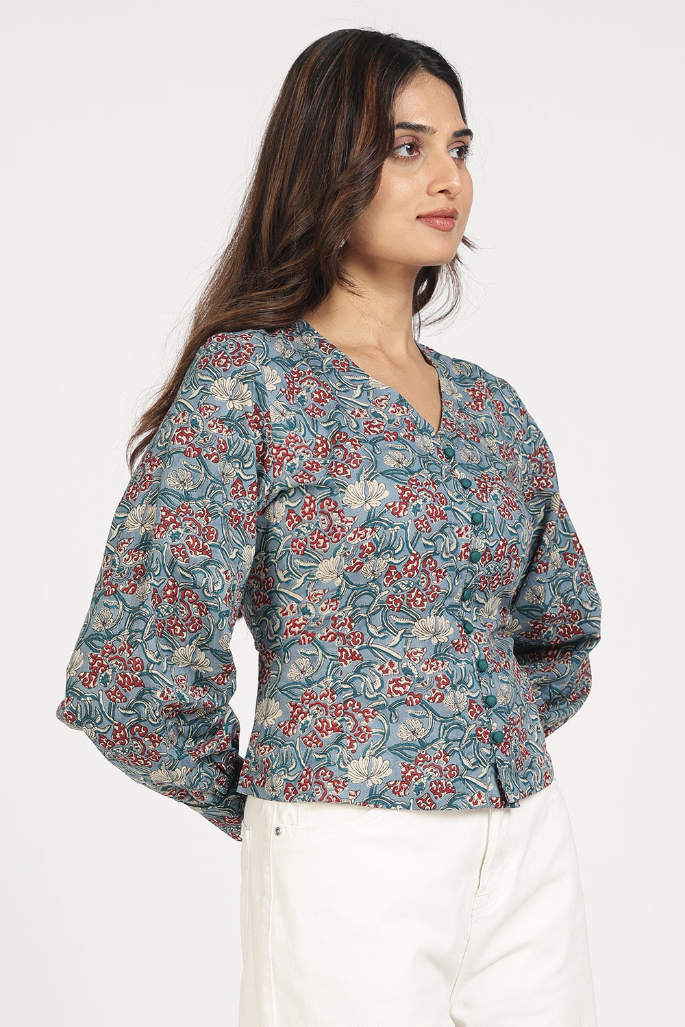 Mythri Women’s Corsetted Back Cotton Top | Floral Print Crop Top with Bishop Sleeves & Lace-Up Back - TO45