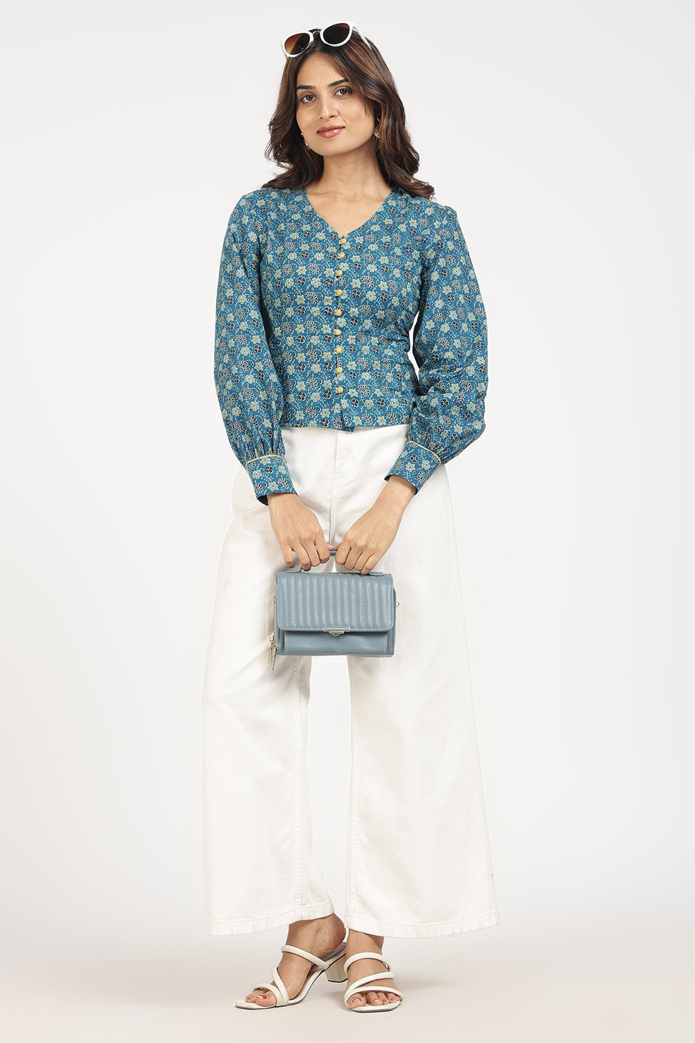 Mythri Women’s Corsetted Back Cotton Top | Floral Print Crop Top with Bishop Sleeves & Lace-Up Back - TO45