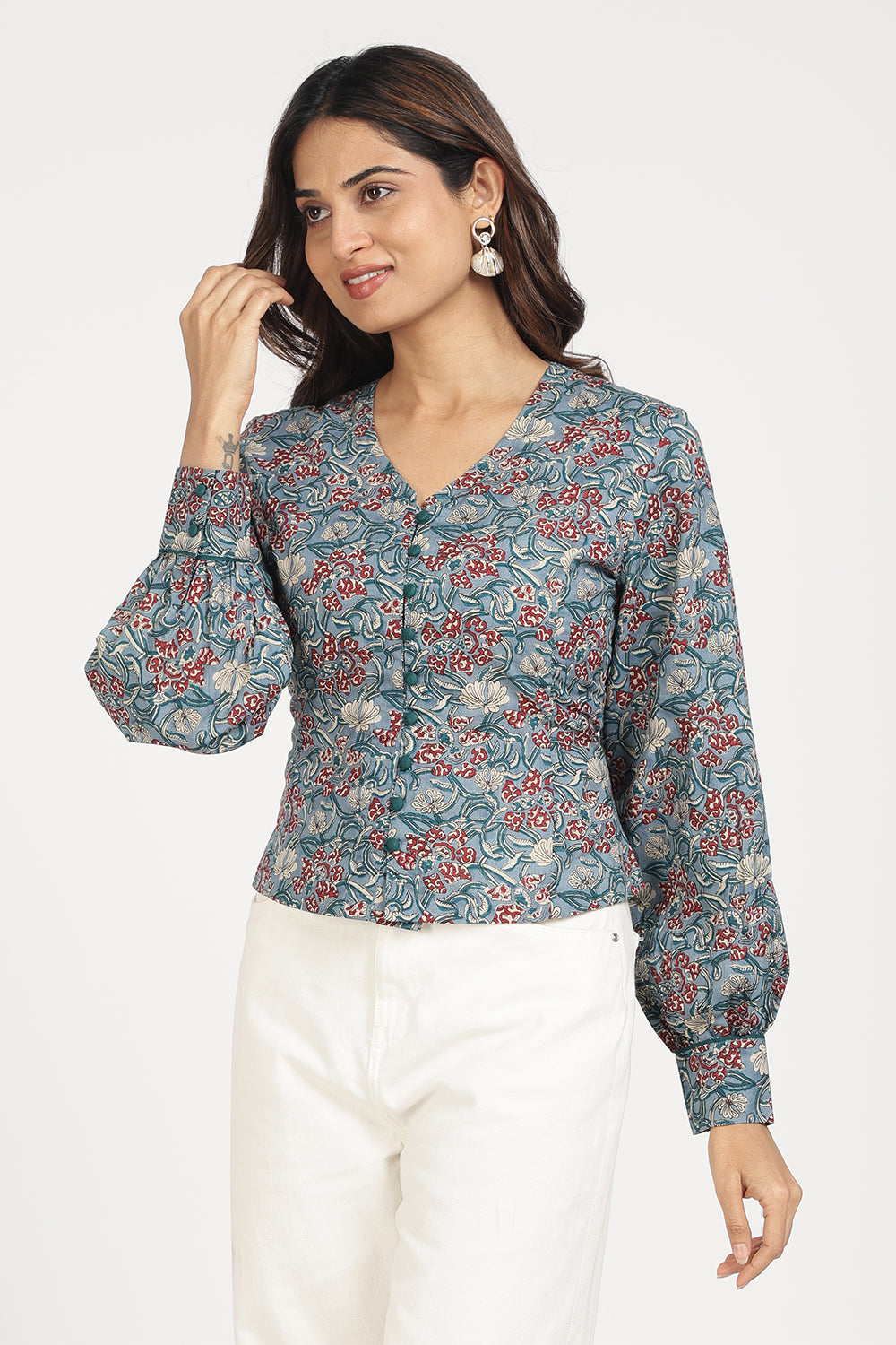 Mythri Women’s Corsetted Back Cotton Top | Floral Print Crop Top with Bishop Sleeves & Lace-Up Back - TO45