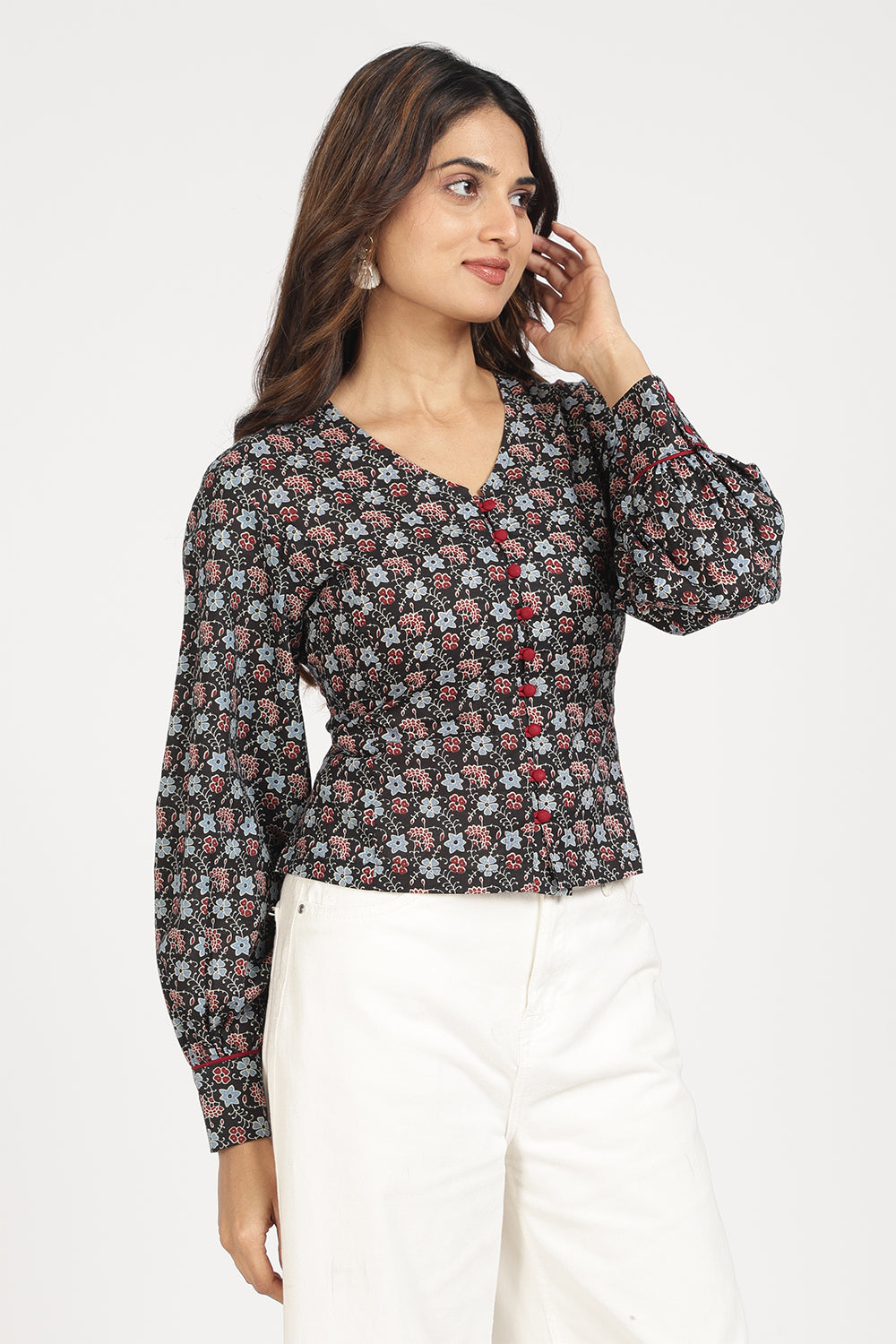 Mythri Women’s Corsetted Back Cotton Top | Floral Print Crop Top with Bishop Sleeves & Lace-Up Back - TO45